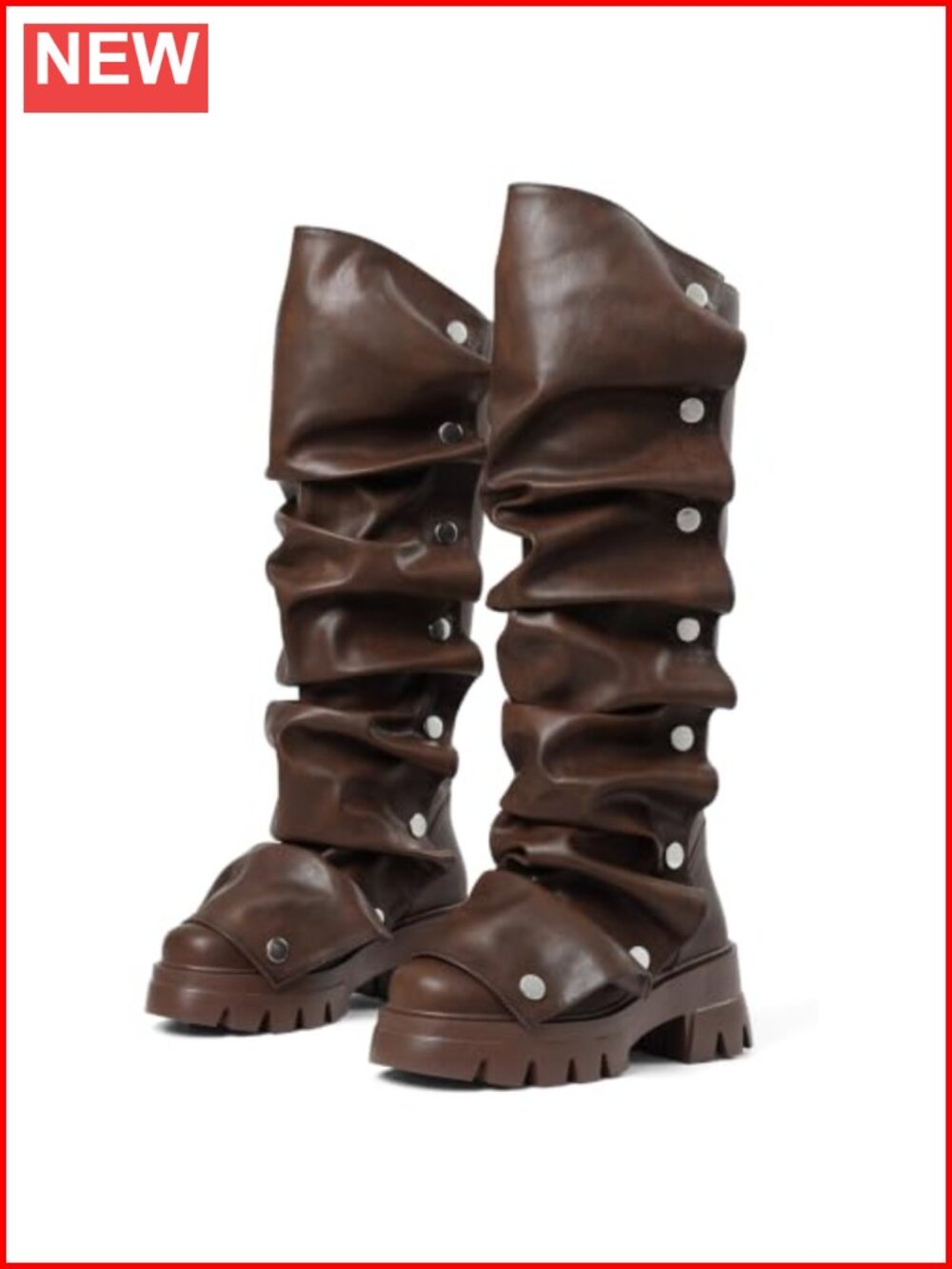 Platform Knee High Boots Fold Over Slouchy Ruched Stacked Heel Pull On Leather